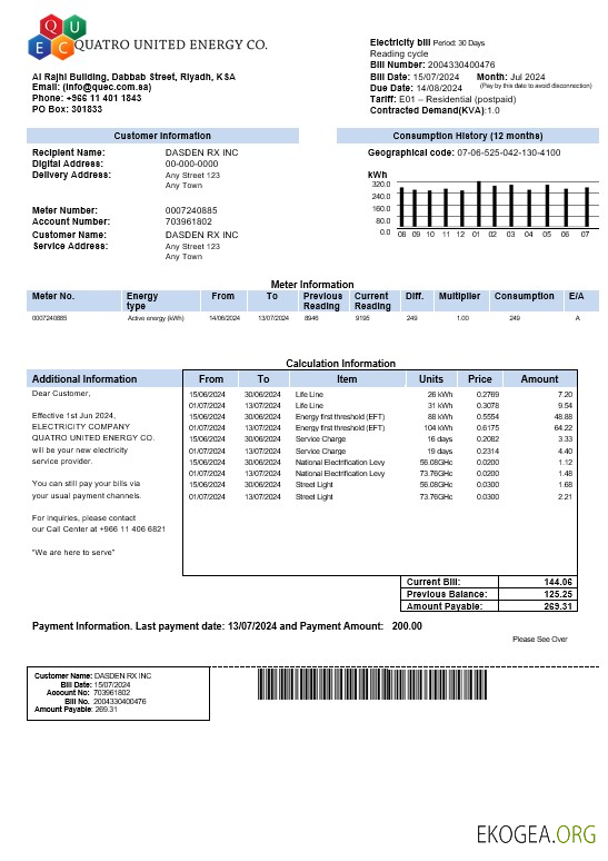 Arabie Saoudite Quatro United Energy Co. facture de services publics, modèle Word et PDF